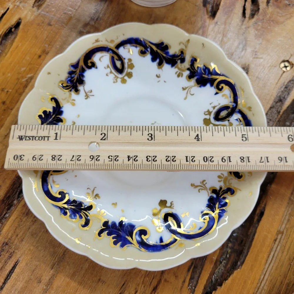 Antique John‎ Ridgway Tea Cup Saucer Cauldon Place Foliage Blue Gilding Acanthus